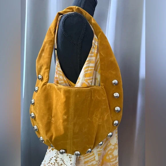 Mustard Yellow Velvet Studded Shoulder Bag - Picture 2 of 3